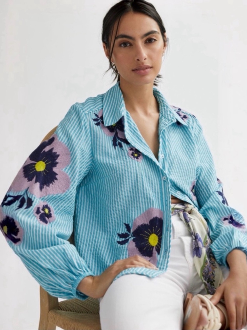 Anthropologie Maeve Blue stripped Floral Embroidered Blouse